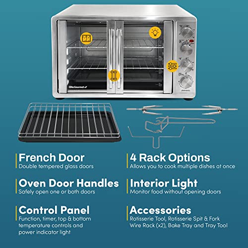 Elite Gourmet ETO-4510M French Door 47.5Qt, 18-Slice Convection Oven 4-Control Knobs, Bake Broil Toast Rotisserie Keep Warm, Includes 2 x 14" Pizza Racks, Stainless Steel