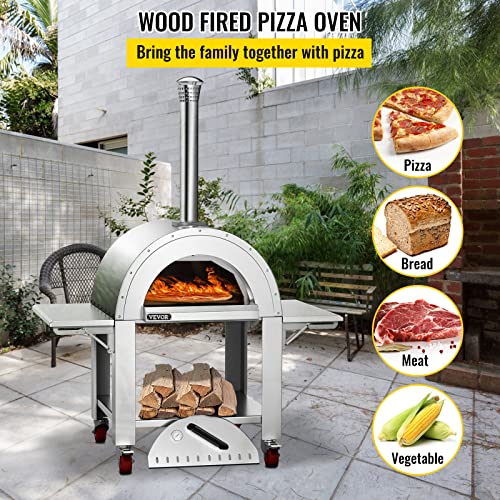 VEVOR 46" Wood Fired Artisan Pizza Oven, 3-Layer Stainless Steel Pizza Maker with Wheels for Outside Kitchen, Includes Pizza Stone, Pizza Peel, and Brush, Professional Series,Outdoor or Indoor.