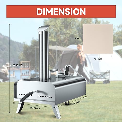 GYBER HENSON Portable Outdoor Pizza Oven – Stainless Steel Wood Pellets Backyard Pizza Grill with 12- inch Pizza Stone Foldable Legs Wood Fired Pizza Maker for Garden Patio