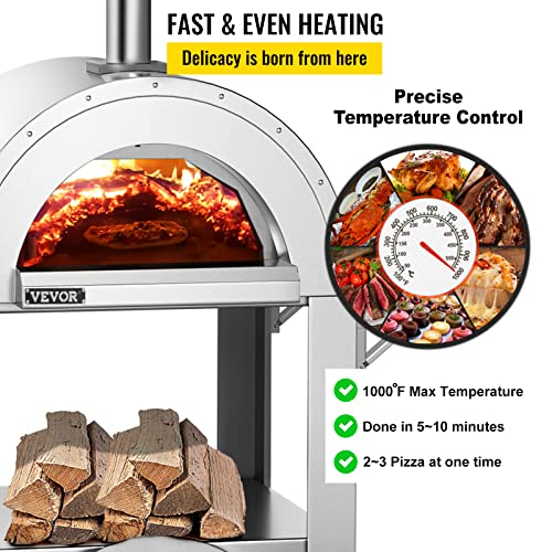 VEVOR 46" Wood Fired Artisan Pizza Oven, 3-Layer Stainless Steel Pizza Maker with Wheels for Outside Kitchen, Includes Pizza Stone, Pizza Peel, and Brush, Professional Series,Outdoor or Indoor.