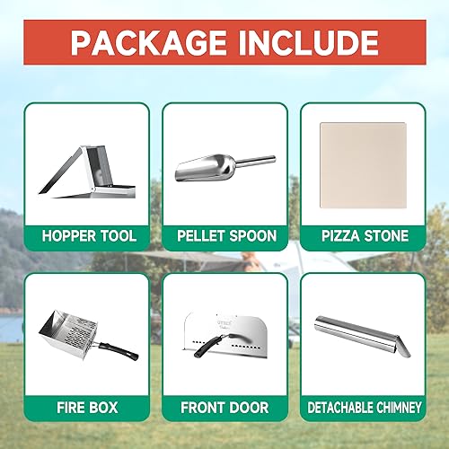 GYBER HENSON Portable Outdoor Pizza Oven – Stainless Steel Wood Pellets Backyard Pizza Grill with 12- inch Pizza Stone Foldable Legs Wood Fired Pizza Maker for Garden Patio
