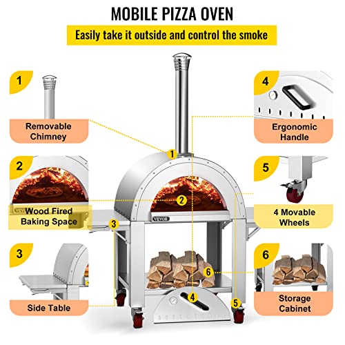 VEVOR 46" Wood Fired Artisan Pizza Oven, 3-Layer Stainless Steel Pizza Maker with Wheels for Outside Kitchen, Includes Pizza Stone, Pizza Peel, and Brush, Professional Series,Outdoor or Indoor.