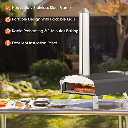 Mimiuo Outdoor Pizza Ovens Wood Pellet Pizza Stove Portable Stainless Steel Wood Fired Pizza Maker with 13" Pizza Stone & Foldable Pizza Peel (Classic W-Oven Series - Black Coated Pizza Oven)