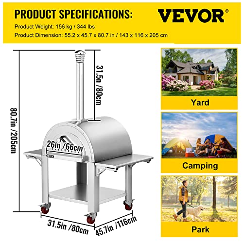 VEVOR 46" Wood Fired Artisan Pizza Oven, 3-Layer Stainless Steel Pizza Maker with Wheels for Outside Kitchen, Includes Pizza Stone, Pizza Peel, and Brush, Professional Series,Outdoor or Indoor.