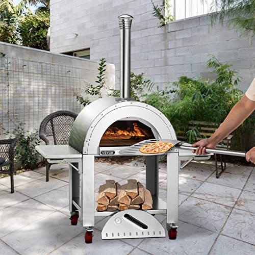 VEVOR 46" Wood Fired Artisan Pizza Oven, 3-Layer Stainless Steel Pizza Maker with Wheels for Outside Kitchen, Includes Pizza Stone, Pizza Peel, and Brush, Professional Series,Outdoor or Indoor.