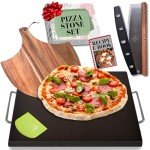 Black Pizza Stone for Oven and Grill with Wood Pizza Peel & Pizza Cutter - Cordierite Baking Stone Ceramic Coated Stainless and Non-stick - Detachable Serving Handles - 15 inch x 12 inch Large