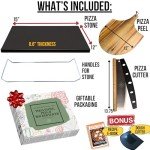 Black Pizza Stone for Oven and Grill with Wood Pizza Peel & Pizza Cutter - Cordierite Baking Stone Ceramic Coated Stainless and Non-stick - Detachable Serving Handles - 15 inch x 12 inch Large