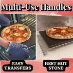 Black Pizza Stone for Oven and Grill with Wood Pizza Peel & Pizza Cutter - Cordierite Baking Stone Ceramic Coated Stainless and Non-stick - Detachable Serving Handles - 15 inch x 12 inch Large