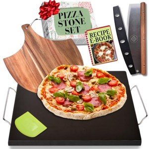 Black Pizza Stone for Oven and Grill with Wood Pizza Peel & Pizza Cutter - Cordierite Baking Stone Ceramic Coated Stainless and Non-stick - Detachable Serving Handles - 15 inch x 12 inch Large