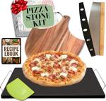 Black Pizza Stone for Oven and Grill with Wood Pizza Peel & Pizza Cutter - Cordierite Baking Stone Ceramic Coated Stainless and Non-stick - Detachable Serving Handles - 15 inch x 12 inch Large