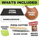 Black Pizza Stone for Oven and Grill with Wood Pizza Peel & Pizza Cutter - Cordierite Baking Stone Ceramic Coated Stainless and Non-stick - Detachable Serving Handles - 15 inch x 12 inch Large