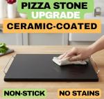 Black Pizza Stone for Oven and Grill with Wood Pizza Peel & Pizza Cutter - Cordierite Baking Stone Ceramic Coated Stainless and Non-stick - Detachable Serving Handles - 15 inch x 12 inch Large