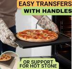 Black Pizza Stone for Oven and Grill with Wood Pizza Peel & Pizza Cutter - Cordierite Baking Stone Ceramic Coated Stainless and Non-stick - Detachable Serving Handles - 15 inch x 12 inch Large