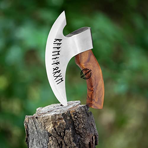 Viking Pizza Axe - Rose Wood Handle Viking Pizza Axe, Small Viking Axe with Sheath, Rust Proof Stainless Steel Viking Axe Head, Hand Engraved Runes Viking Pizza Axe, Multipurpose Small Viking Axe