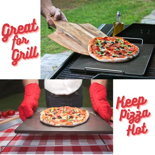 Black Pizza Stone for Oven and Grill with Wood Pizza Peel & Pizza Cutter - Cordierite Baking Stone Ceramic Coated Stainless and Non-stick - Detachable Serving Handles - 15 inch x 12 inch Large