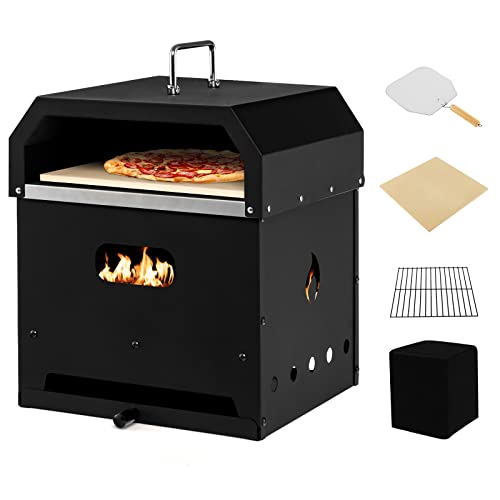 Giantex 4-in-1 Outdoor Pizza Oven, Wood Fired 2-Layer Pizza Maker with Pizza Stone, Shovel, Grill Grid, Waterproof Cover, Detachable Grill Oven Fire Pit Pizza Ovens for Outside Backyard BBQ