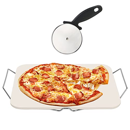 Pizza Stone for Oven and Grill, Rectangle Baking Stone 15 x 12 Inch with Free Pizza Cutter & Detachable Serving Rack, Safe Ceramic Cooking Stone for Crisp Crust Pizza Bread Cookie and More