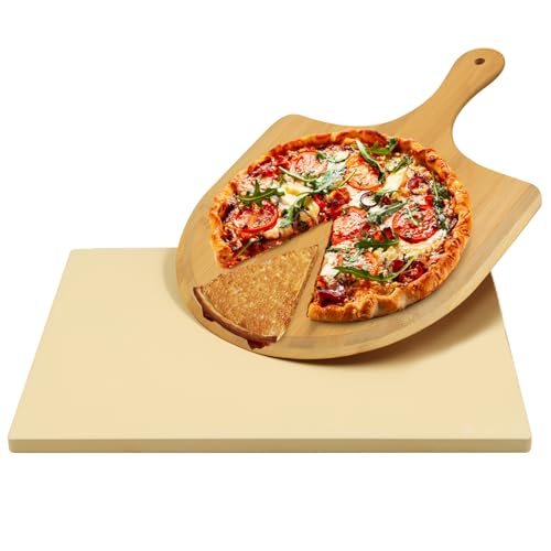 Augosta Pizza Stone for Oven and Grill with Free Wooden Pizza Peel paddle, 15 x 12 Inch