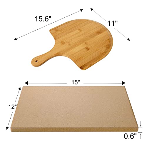 Augosta Pizza Stone for Oven and Grill with Free Wooden Pizza Peel paddle, 15 x 12 Inch