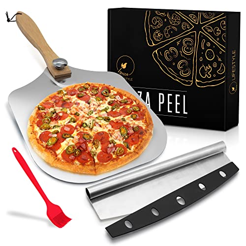 Ignite Lifestyle Pizza Peel Set - Pizza Spatula 12"x14" + Pizza Rocker Cutter + Pastry Brush - Aluminum Metal Pizza Peel 12 Inch w/Foldable Wood Handle for Easy Storage-Homemade for Pizza/Baking/Bread