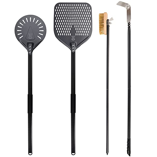 SHANGPEIXUAN PizzaTurning Peel 9 Inch Perforated Pizza Peel and Pizza Brush Ash Rake 4 Piece Wood Fired Commercial Pizza Oven Utensil Kit with 40-Inch Aluminum Handle …