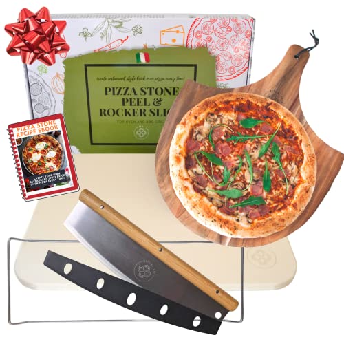 Pizza Stone for Oven and Grill with Wooden Pizza Peel Paddle & Pizza Cutter Set - Detachable Serving Handles - BBQ Grilling Accessories - Baking Supplies - 15 inch x 12 inch Large Stone