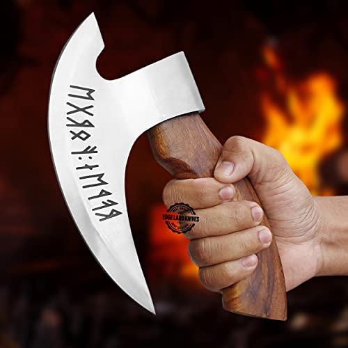 Viking Pizza Axe - Rose Wood Handle Viking Pizza Axe, Small Viking Axe with Sheath, Rust Proof Stainless Steel Viking Axe Head, Hand Engraved Runes Viking Pizza Axe, Multipurpose Small Viking Axe
