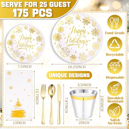 Christmas Party Bundle: White & Gold Plastic Dinnerware Set