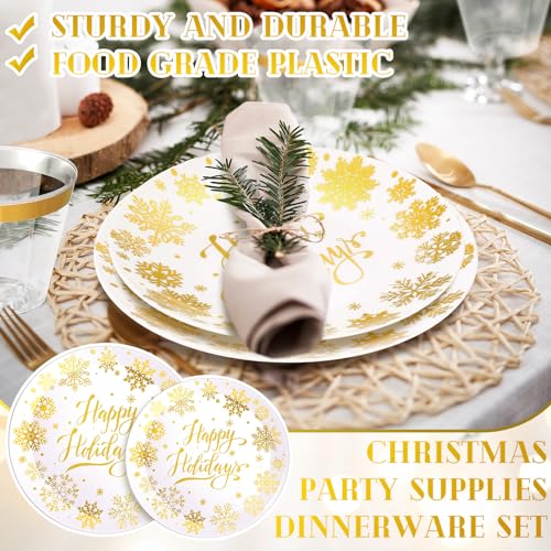 Christmas Party Bundle: White & Gold Plastic Dinnerware Set