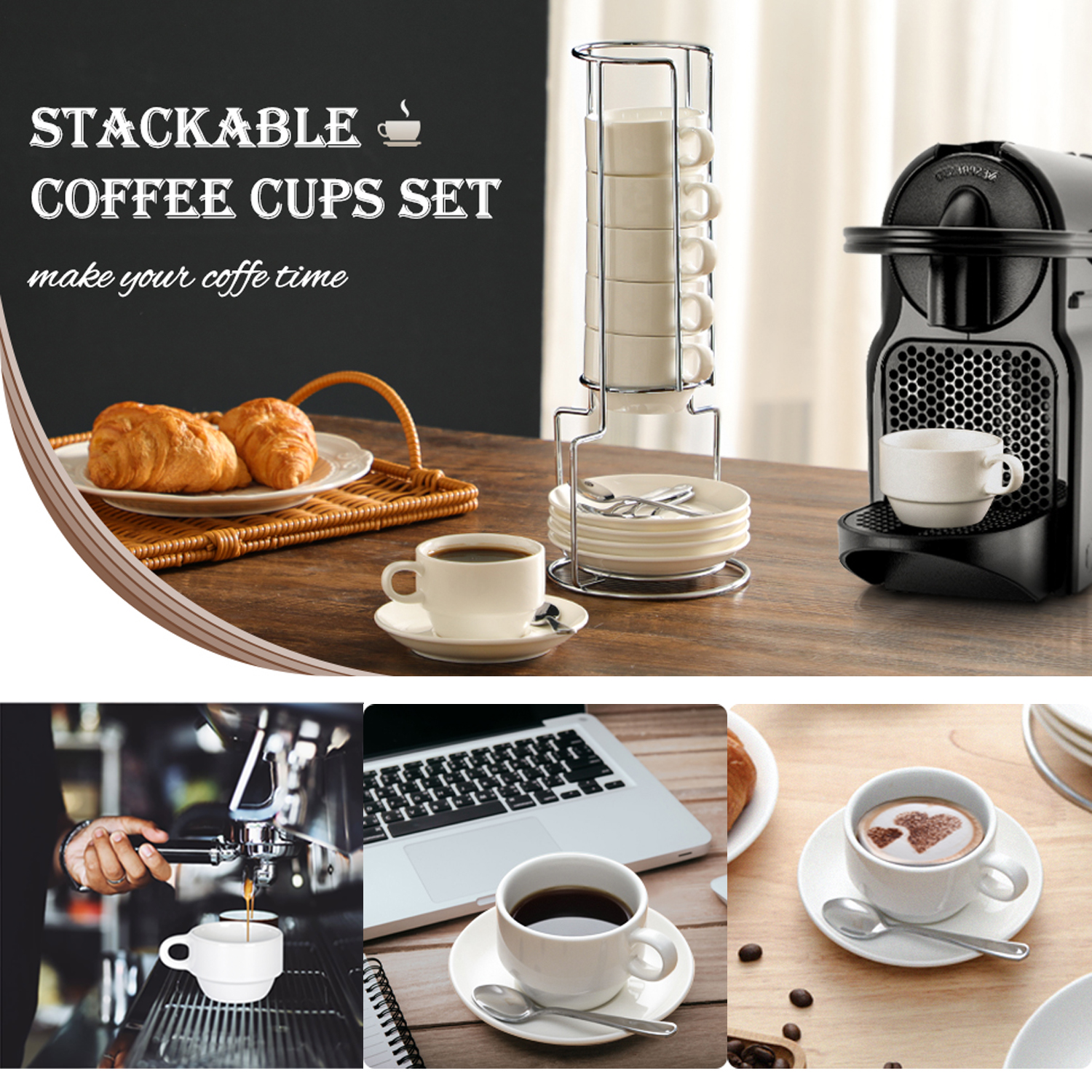 6 Modwnfy Espresso Cups & Saucers, 2.5oz White