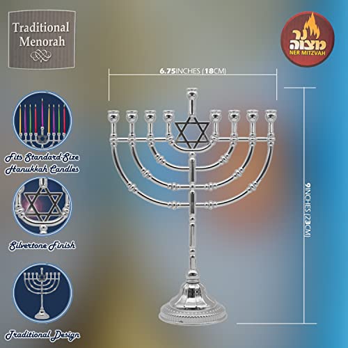 Hanukkah Silvertone Candle Menorah - Traditional Rounded Branches