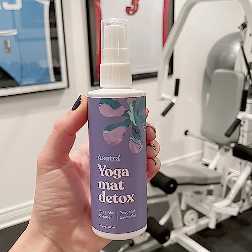 ASUTRA Natural & Organic Yoga Mat Cleaner (Peaceful Lavender Aroma), 4 fl oz | Safe for All Mats & No Slippery Residue | Cleans, Restores, Refreshes | Comes w/ Microfiber Cleaning Towel