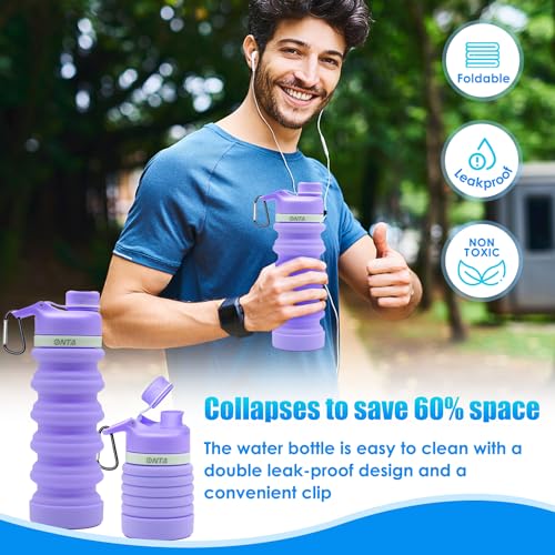 Collapsible Silicone Water Bottle for Travel - Purple