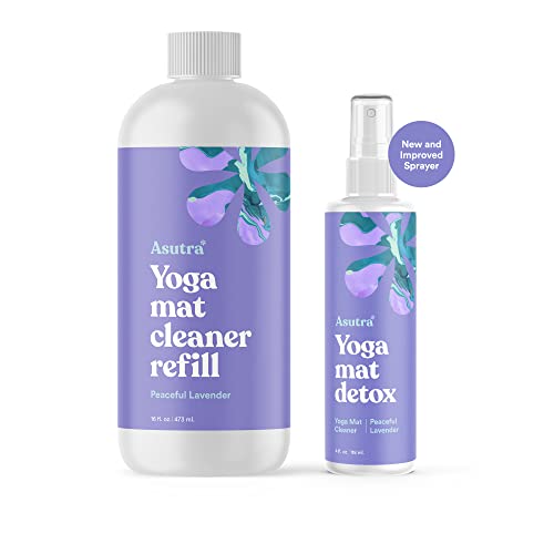 ASUTRA Natural & Organic Yoga Mat Cleaner (Peaceful Lavender Aroma), 4 fl oz | Safe for All Mats & No Slippery Residue | Cleans, Restores, Refreshes | Comes w/ Microfiber Cleaning Towel