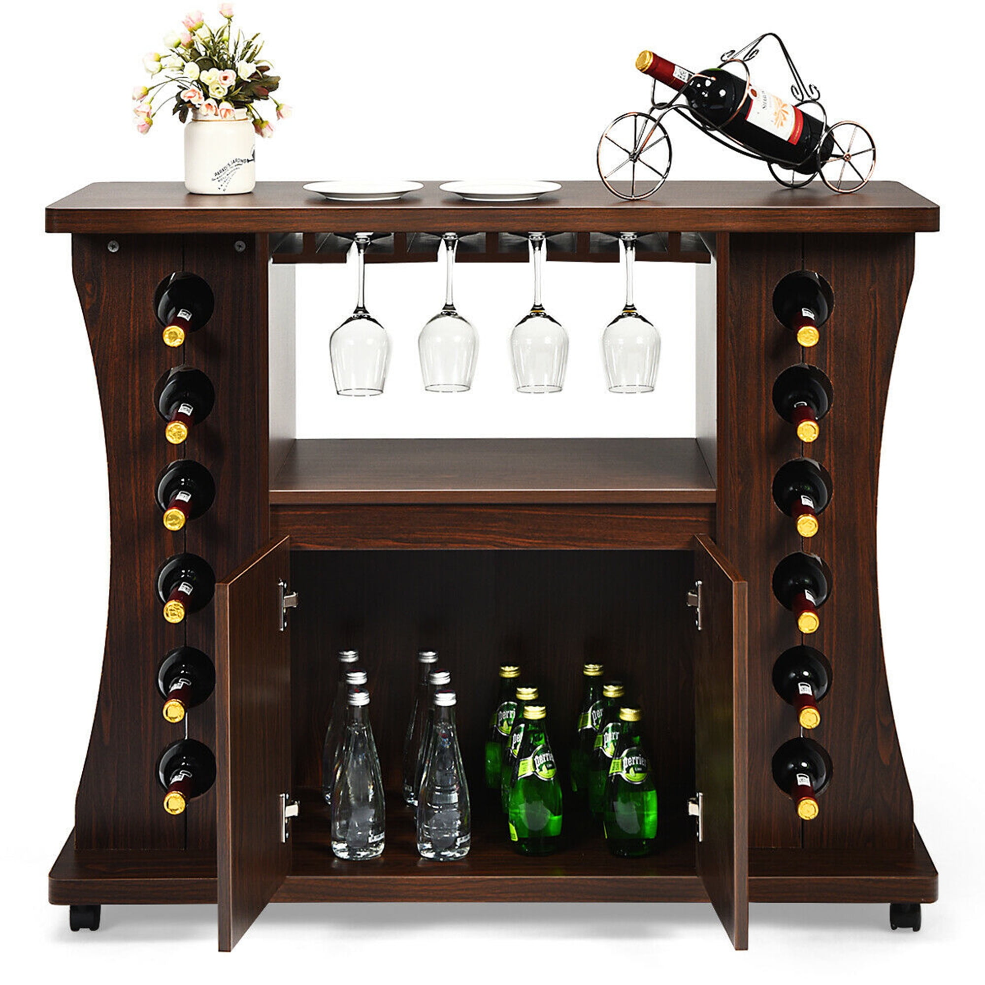 Wooden Wine Rack Bar Cabinet with Glass Holder