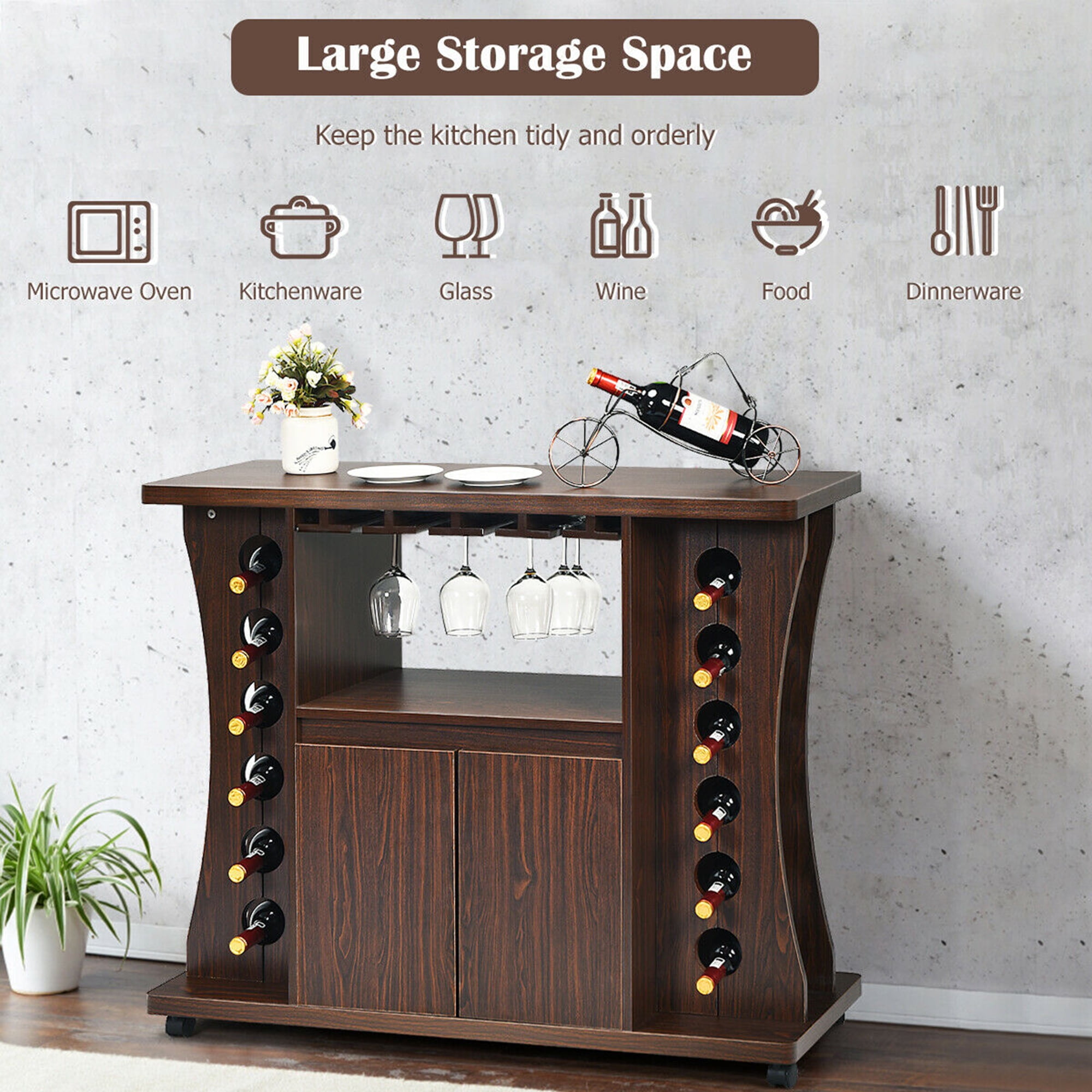 Wooden Wine Rack Bar Cabinet with Glass Holder