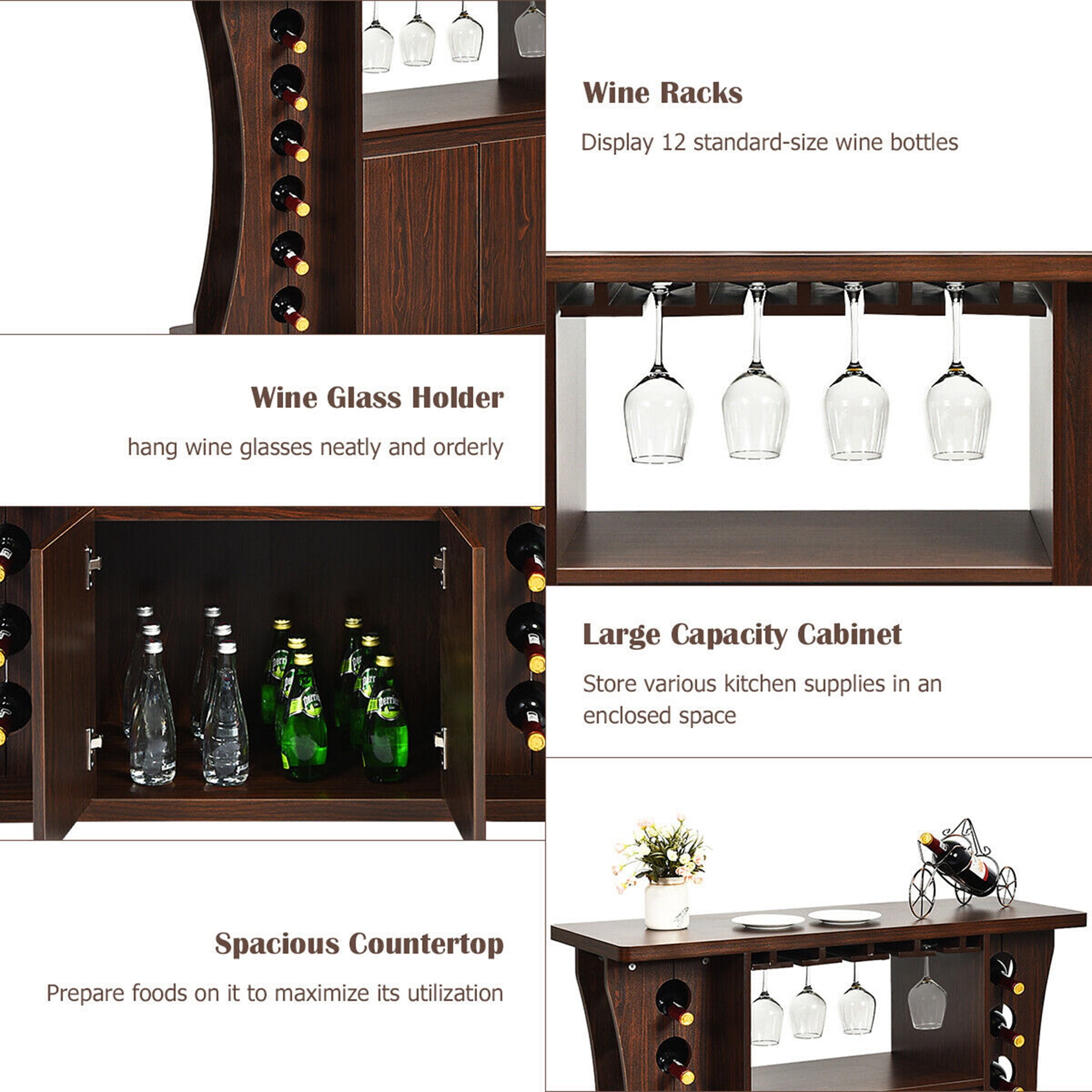 Wooden Wine Rack Bar Cabinet with Glass Holder