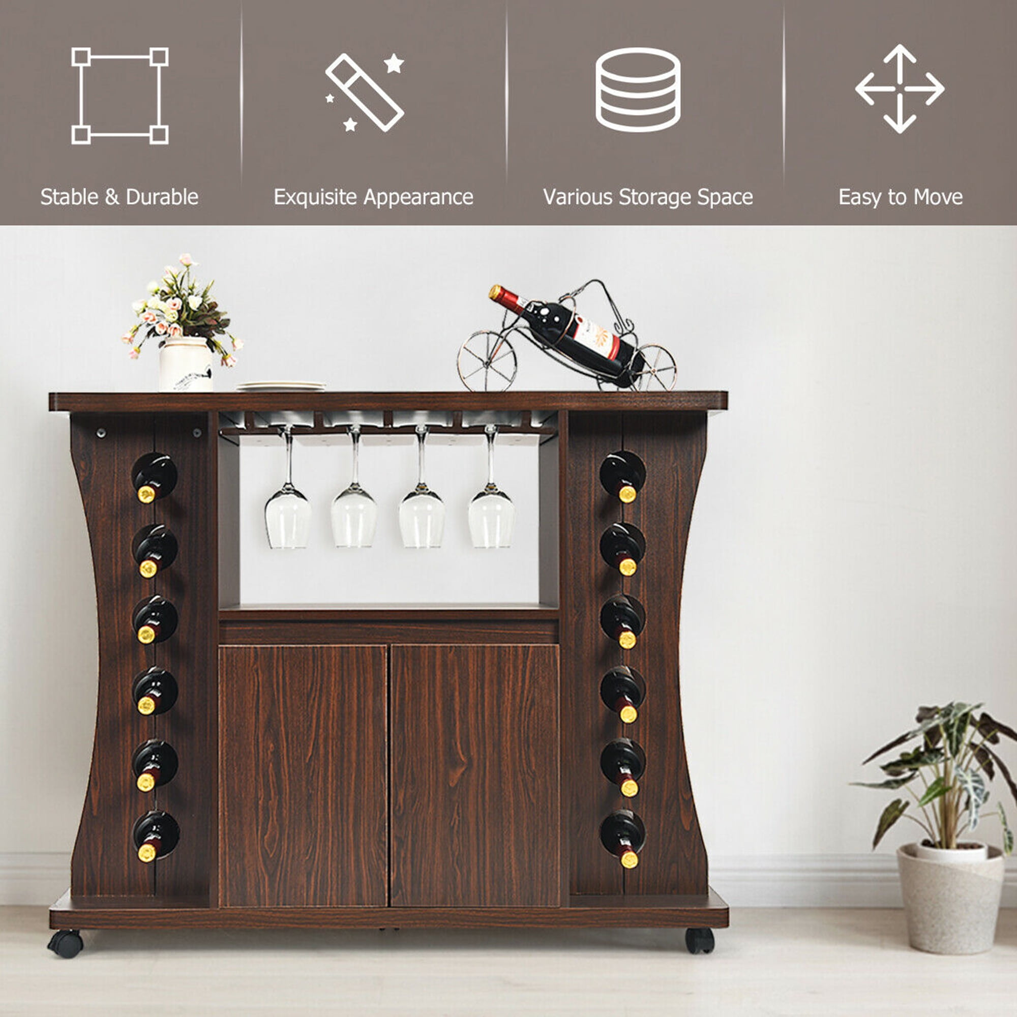 Wooden Wine Rack Bar Cabinet with Glass Holder