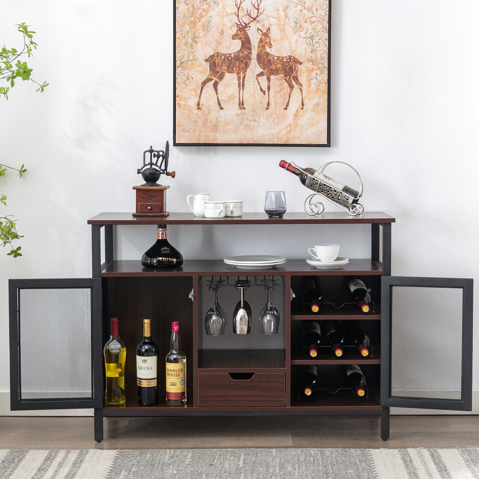 Industrial Wine Bar Cabinet with Glasses Rack