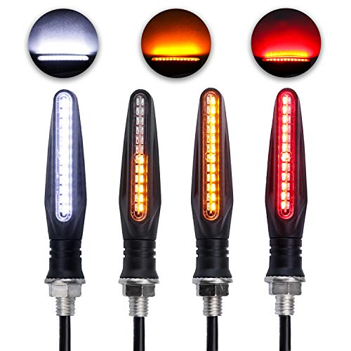 LivTee Super Bright 4PCS Motorcycle Indicators Flowing Turn Signal Brake Lights & Daytime Running Lights 12V for Motorbike Scooter Quad Cruiser Off Road, White/Red/Amber