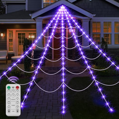 Spider Web Halloween Decoration Outdoor Lights, 125 Purple LED Light Up 16.4Ft Giant Spiderweb, Waterproof Battery Operated Halloween Decor Outdoor 8 Modes Lighted Decor for Yard Outside