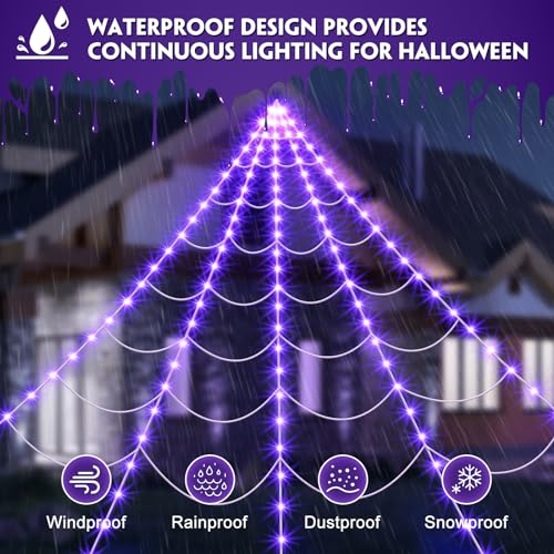 Spider Web Halloween Decoration Outdoor Lights, 125 Purple LED Light Up 16.4Ft Giant Spiderweb, Waterproof Battery Operated Halloween Decor Outdoor 8 Modes Lighted Decor for Yard Outside