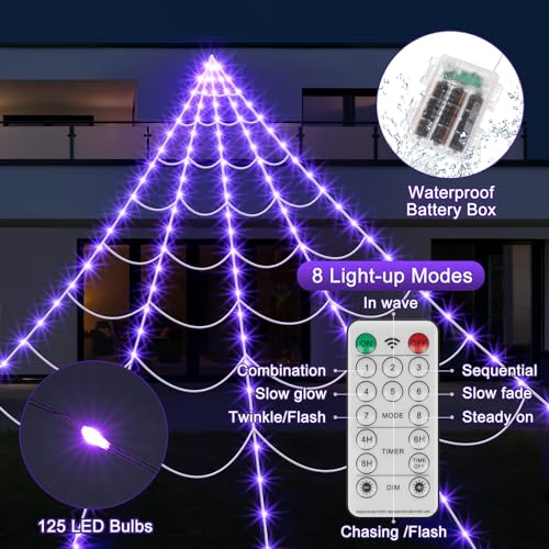 Spider Web Halloween Decoration Outdoor Lights, 125 Purple LED Light Up 16.4Ft Giant Spiderweb, Waterproof Battery Operated Halloween Decor Outdoor 8 Modes Lighted Decor for Yard Outside