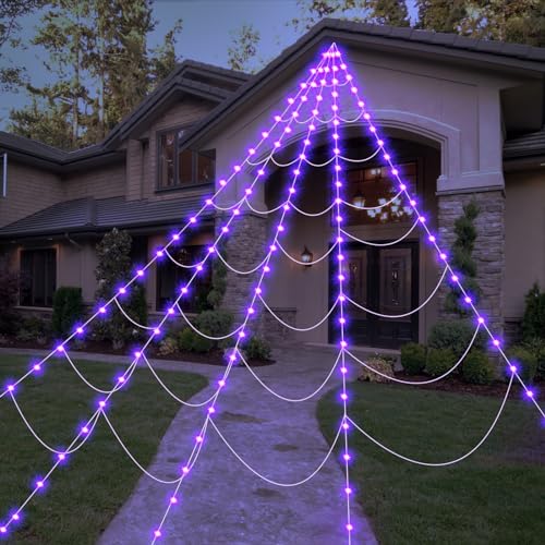 Spider Web Halloween Decoration Outdoor Lights, 125 Purple LED Light Up 16.4Ft Giant Spiderweb, Waterproof Battery Operated Halloween Decor Outdoor 8 Modes Lighted Decor for Yard Outside