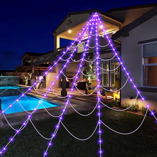 Spider Web Halloween Decoration Outdoor Lights, 125 Purple LED Light Up 16.4Ft Giant Spiderweb, Waterproof Battery Operated Halloween Decor Outdoor 8 Modes Lighted Decor for Yard Outside