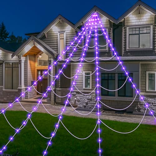 Spider Web Halloween Decoration Outdoor Lights, 125 Purple LED Light Up 16.4Ft Giant Spiderweb, Waterproof Battery Operated Halloween Decor Outdoor 8 Modes Lighted Decor for Yard Outside