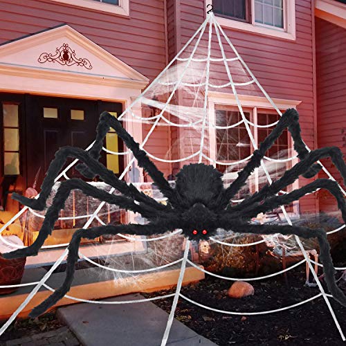 Halloween Decorations Outdoor, 200" Spider Web 60" Giant Spider with Extra Stretch Cobwebs and 10 Small Plastic Spiders, Halloween Outdoor Scary Decorations Yard Home Outside Parties House Décor