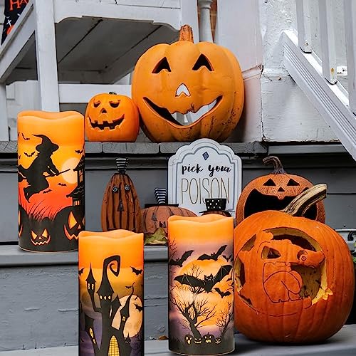 Halloween LED Flameless Candles Set - Spooky Decals, Orange