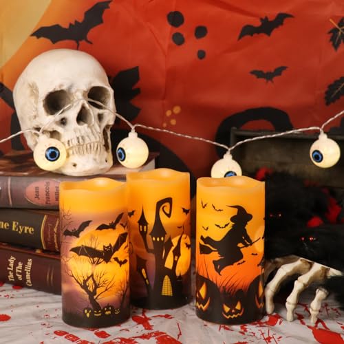 Halloween LED Flameless Candles Set - Spooky Decals, Orange
