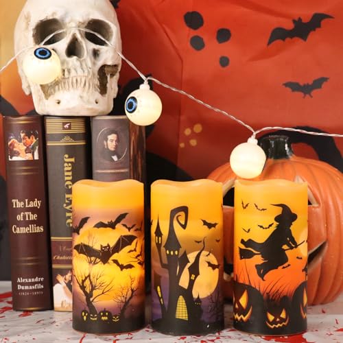 Halloween LED Flameless Candles Set - Spooky Decals, Orange